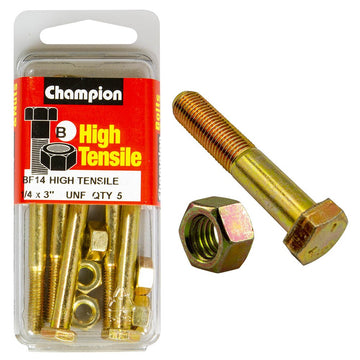 Champion Pack of 5 1/4" x 3" UNF High Tensile Grade 5, Zinc Plated Hex Bolts and Nuts - BF14