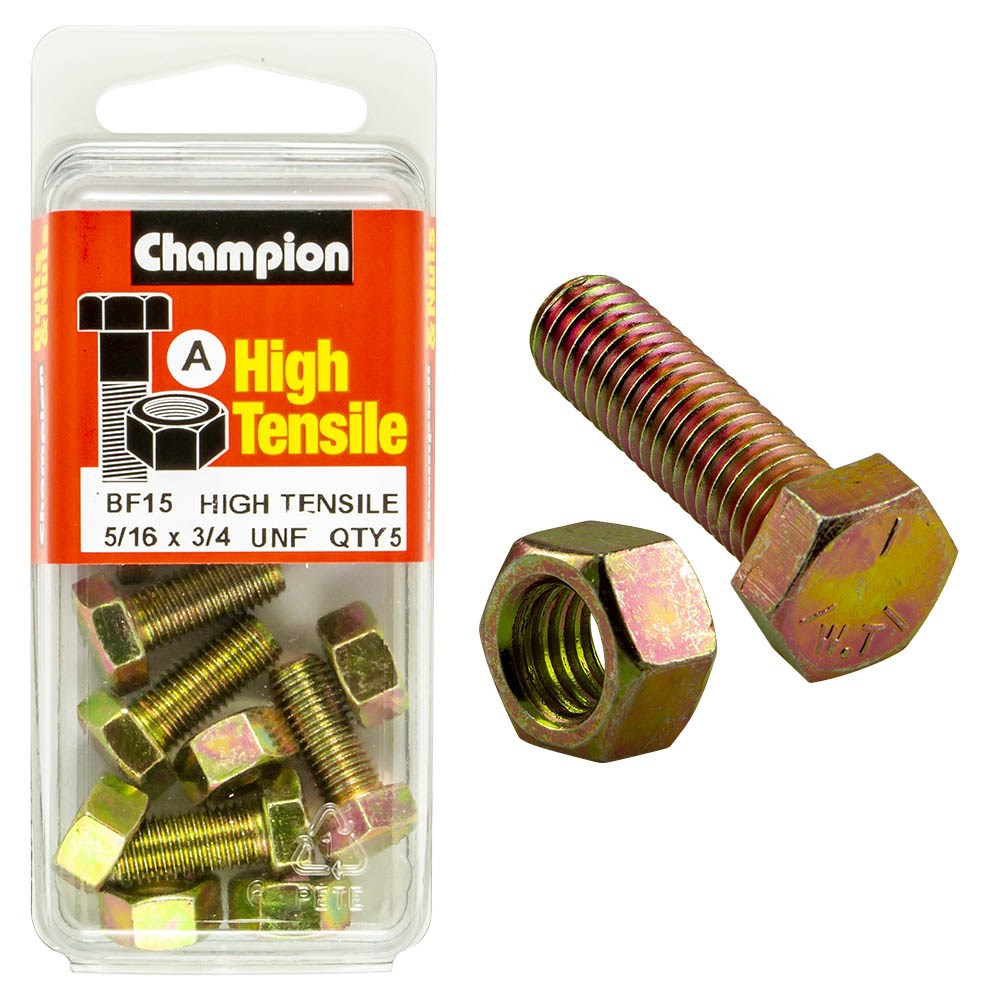 Champion Pack of 5 5/16" x 3/4" UNF High Tensile Grade 5, Zinc Plated Hex Set Screws and Nuts - BF15