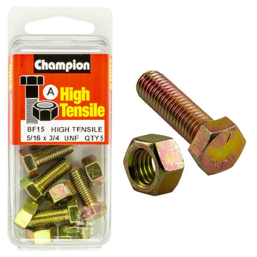 Champion Pack of 5 5/16" x 3/4" UNF High Tensile Grade 5, Zinc Plated Hex Set Screws and Nuts - BF15