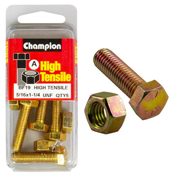 Champion Pack of 5 5/16" x 1-1/4" UNF High Tensile Grade 5, Zinc Plated Hex Set Screws and Nuts - BF19