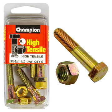 Champion Pack of 5 5/16" x 1-1/2" UNF High Tensile Grade 5, Zinc Plated Hex Bolts and Nuts - BF20