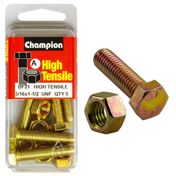 Champion Pack of 5 5/16" x 1-1/2" UNF High Tensile Grade 5, Zinc Plated Hex Set Screws and Nuts - BF21
