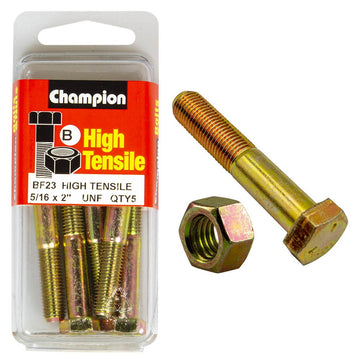 Champion Pack of 5 5/16" x 2" UNF High Tensile Grade 5, Zinc Plated Hex Bolts and Nuts - BF23