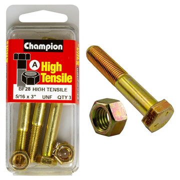 Champion Pack of 3 5/16" x 3" UNF High Tensile Grade 5, Zinc Plated Hex Bolts and Nuts - BF28