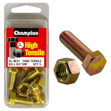 Champion Pack of 5 3/8" x 3/4" UNF High Tensile Grade 5, Zinc Plated Hex Set Screws and Nuts - BF31