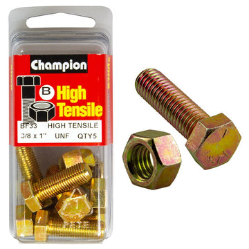 Champion Pack of 5 3/8" x 1" UNF High Tensile Grade 5, Zinc Plated Hex Set Screws and Nuts - BF33