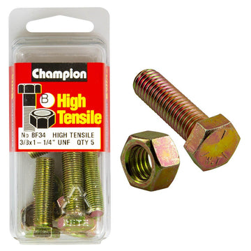 Champion Pack of 5 3/8" x 1-1/4" UNF High Tensile Grade 5, Zinc Plated Hex Set Screws and Nuts - BF34