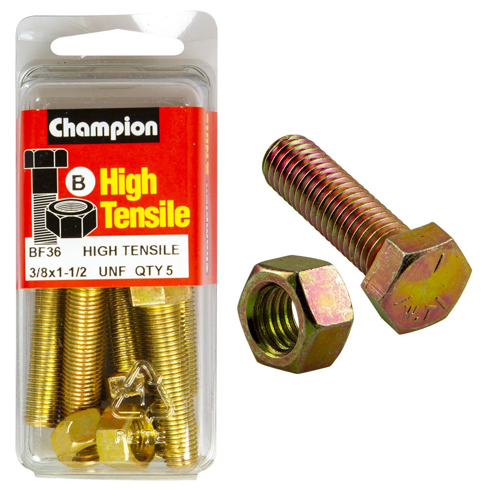 Champion Pack of 5 3/8" x 1-1/2" UNF High Tensile Grade 5, Zinc Plated Hex Set Screws and Nuts - BF36
