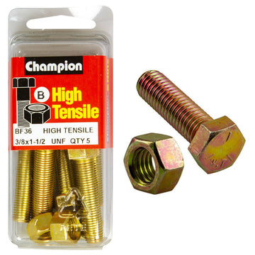 Champion Pack of 5 3/8" x 1-1/2" UNF High Tensile Grade 5, Zinc Plated Hex Set Screws and Nuts - BF36