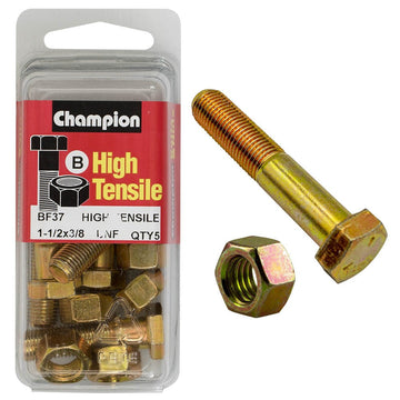 Champion Pack of 5 3/8" x 1-1/2" UNF High Tensile Grade 5, Zinc Plated Hex Bolts and Nuts - BF37