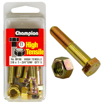Champion Pack of 5 3/8" x 1-3/4" UNF High Tensile Grade 5, Zinc Plated Hex Bolts and Nuts - BF38