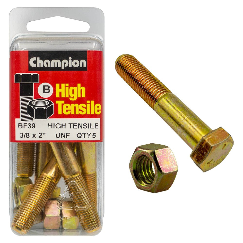 Champion Pack of 5 3/8" x 2" UNF High Tensile Grade 5, Zinc Plated Hex Bolts and Nuts - BF39