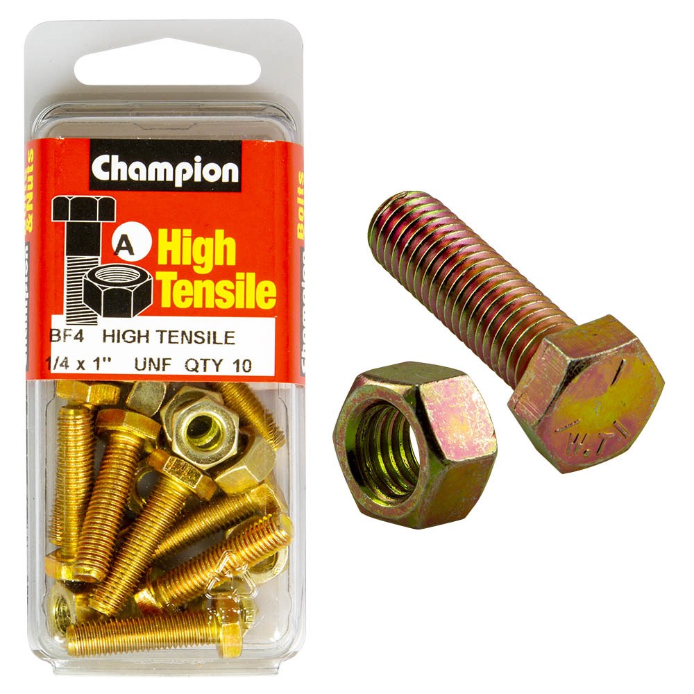 Champion Pack of 10 1/4" x 1" UNF High Tensile Grade 5, Zinc Plated Hex Set Screws and Nuts - BF4