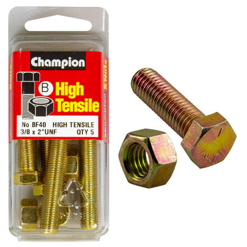Champion Pack of 5 3/8" x 2" UNF High Tensile Grade 5, Zinc Plated Hex Set Screws and Nuts - BF40