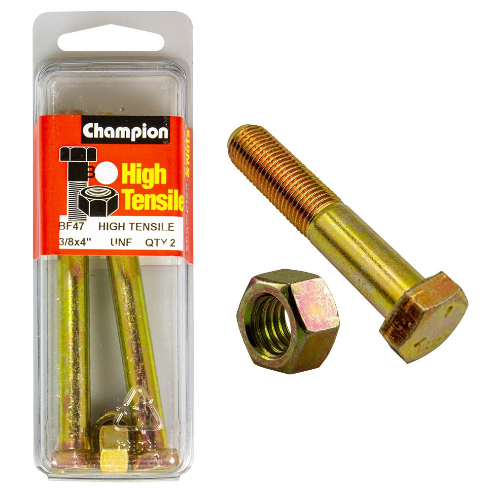 Champion Pack of 2 3/8" x 4" UNF High Tensile Grade 5, Zinc Plated Hex Bolts and Nuts - BF47