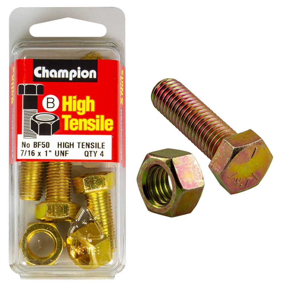 Champion Pack of 4 7/16" x 1" UNF High Tensile Grade 5, Zinc Plated Hex Set Screws and Nuts - BF50