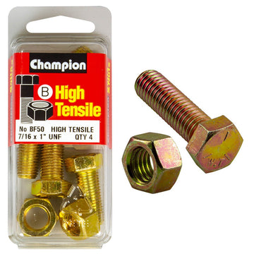 Champion Pack of 4 7/16" x 1" UNF High Tensile Grade 5, Zinc Plated Hex Set Screws and Nuts - BF50