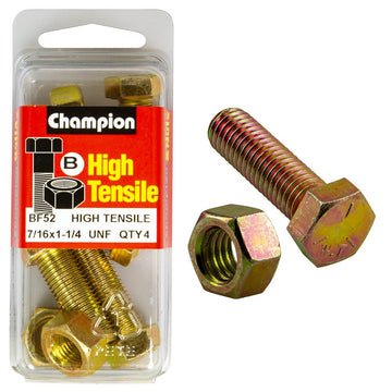 Champion Pack of 4 7/16" x 1-1/4" UNF High Tensile Grade 5, Zinc Plated Hex Set Screws and Nuts - BF52