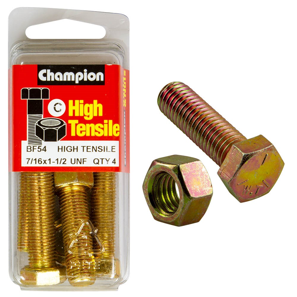 Champion Pack of 4 7/16" x 1-1/2" UNF High Tensile Grade 5, Zinc Plated Hex Set Screws and Nuts - BF54