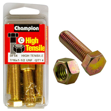 Champion Pack of 4 7/16" x 1-1/2" UNF High Tensile Grade 5, Zinc Plated Hex Set Screws and Nuts - BF54
