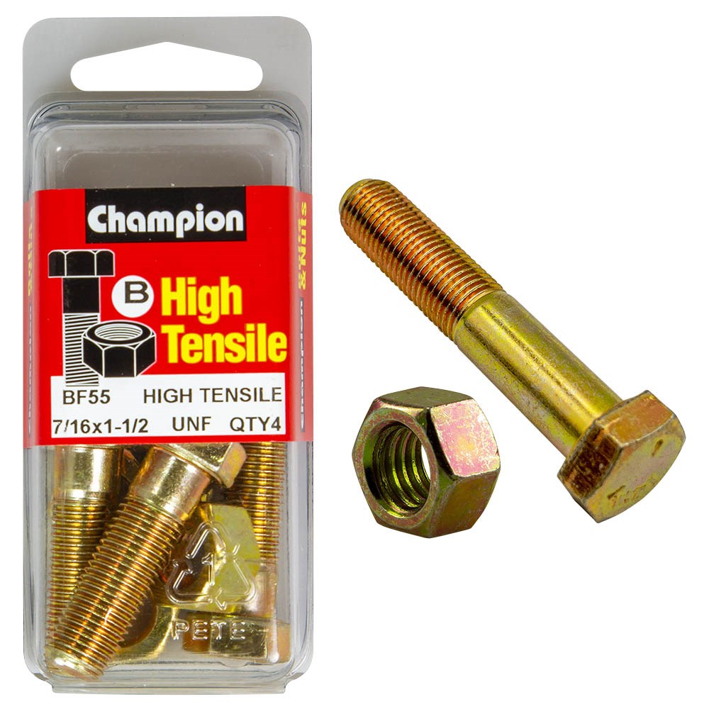 Champion Pack of 4 7/16" x 1-1/2" UNF High Tensile Grade 5, Zinc Plated Hex Bolts and Nuts - BF55