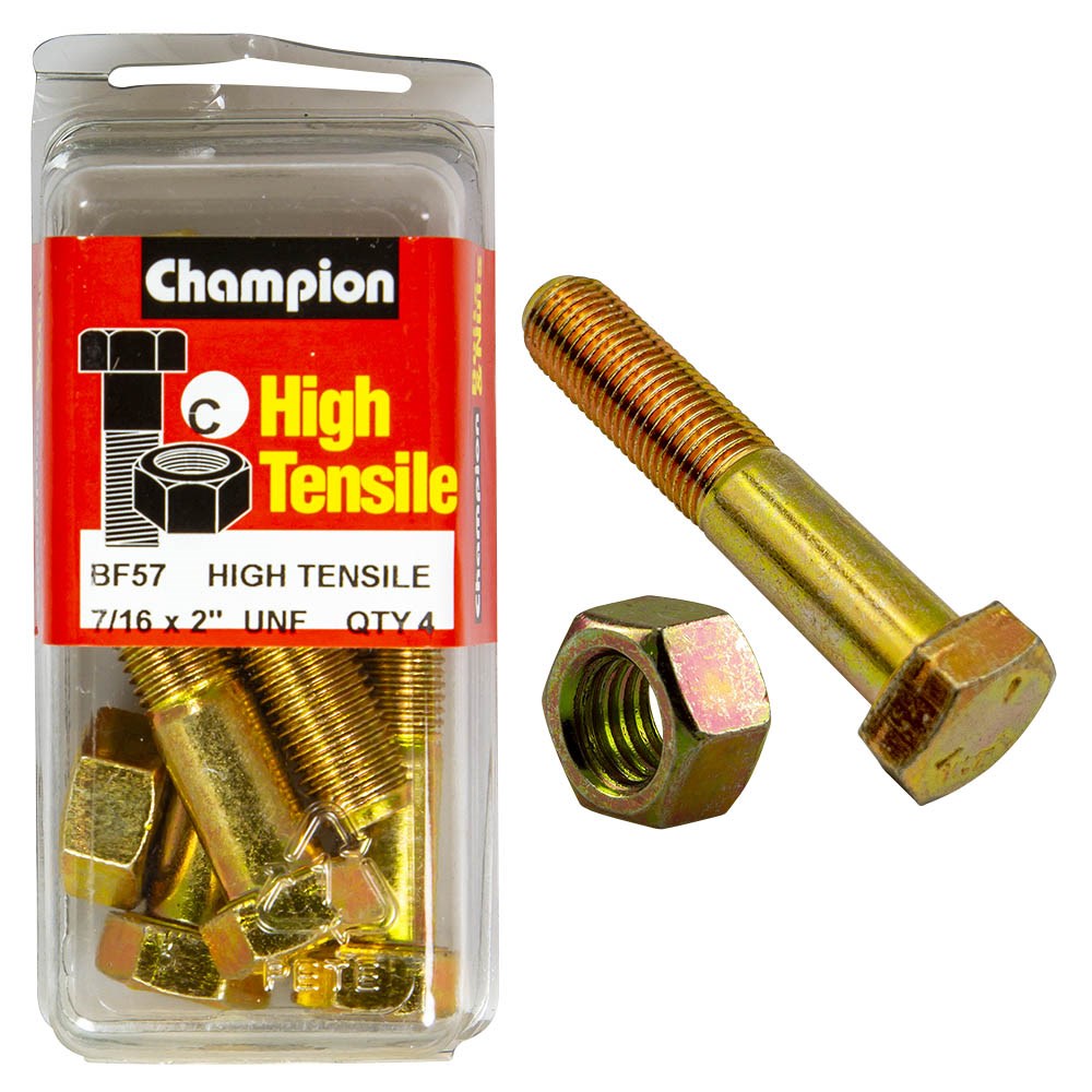 Champion Pack of 4 7/16" x 2" UNF High Tensile Grade 5, Zinc Plated Hex Bolts and Nuts - BF57