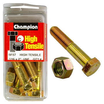 Champion Pack of 4 7/16" x 2" UNF High Tensile Grade 5, Zinc Plated Hex Bolts and Nuts - BF57