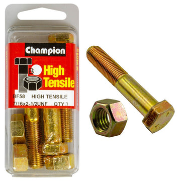 Champion Pack of 3 7/16" x 2-1/2" UNF High Tensile Grade 5, Zinc Plated Hex Bolts and Nuts - BF58