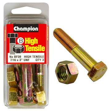 Champion Pack of 3 7/16" x 3" UNF High Tensile Grade 5, Zinc Plated Hex Bolts and Nuts - BF59