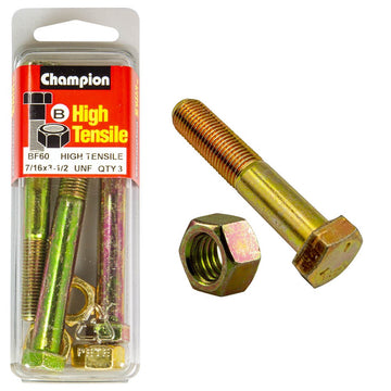 Champion Pack of 3 7/16" x 3-1/2" UNF High Tensile Grade 5, Zinc Plated Hex Bolts and Nuts - BF60