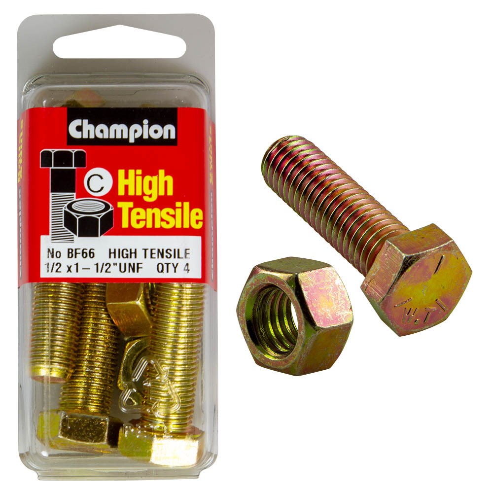 Champion Pack of 4 1/2" x 1-1/2" UNF High Tensile Grade 5, Zinc Plated Hex Set Screws and Nuts - BF66
