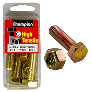 Champion Pack of 4 1/2" x 1-1/2" UNF High Tensile Grade 5, Zinc Plated Hex Set Screws and Nuts - BF66