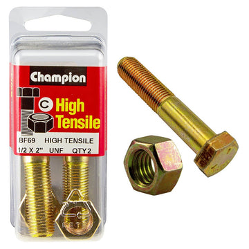 Champion Pack of 2 1/2" x 2" UNF High Tensile Grade 5, Zinc Plated Hex Bolts and Nuts - BF69