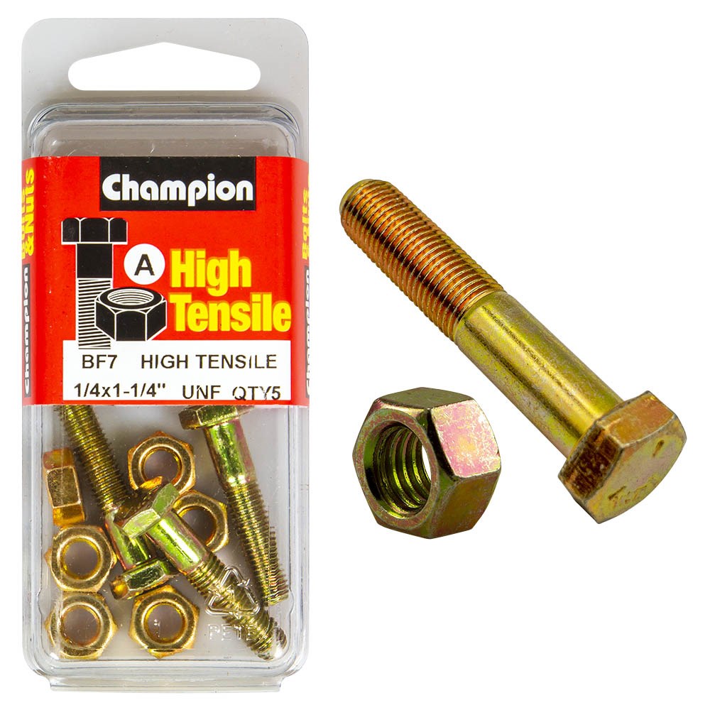 Champion Pack of 5 1/4" x 1-1/4" UNF High Tensile Grade 5, Zinc Plated Hex Bolts and Nuts - BF7