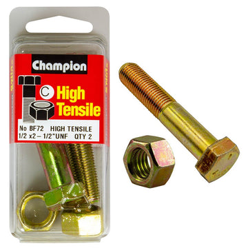 Champion Pack of 2 1/2" x 2-1/2" UNF High Tensile Grade 5, Zinc Plated Hex Bolts and Nuts - BF72