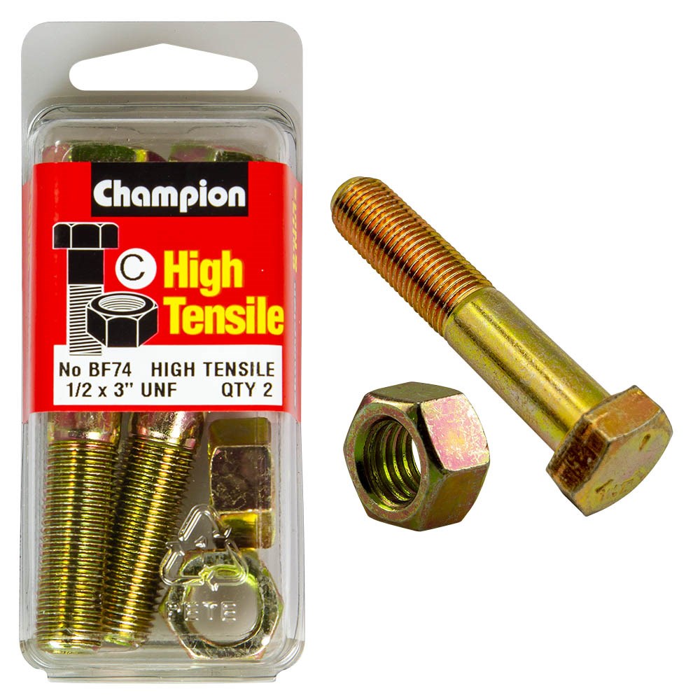 Champion Pack of 2 1/2" x 3" UNF High Tensile Grade 5, Zinc Plated Hex Bolts and Nuts - BF74