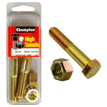 Champion Pack of 2 1/2" x 3-1/2" UNF High Tensile Grade 5, Zinc Plated Hex Bolts and Nuts - BF75