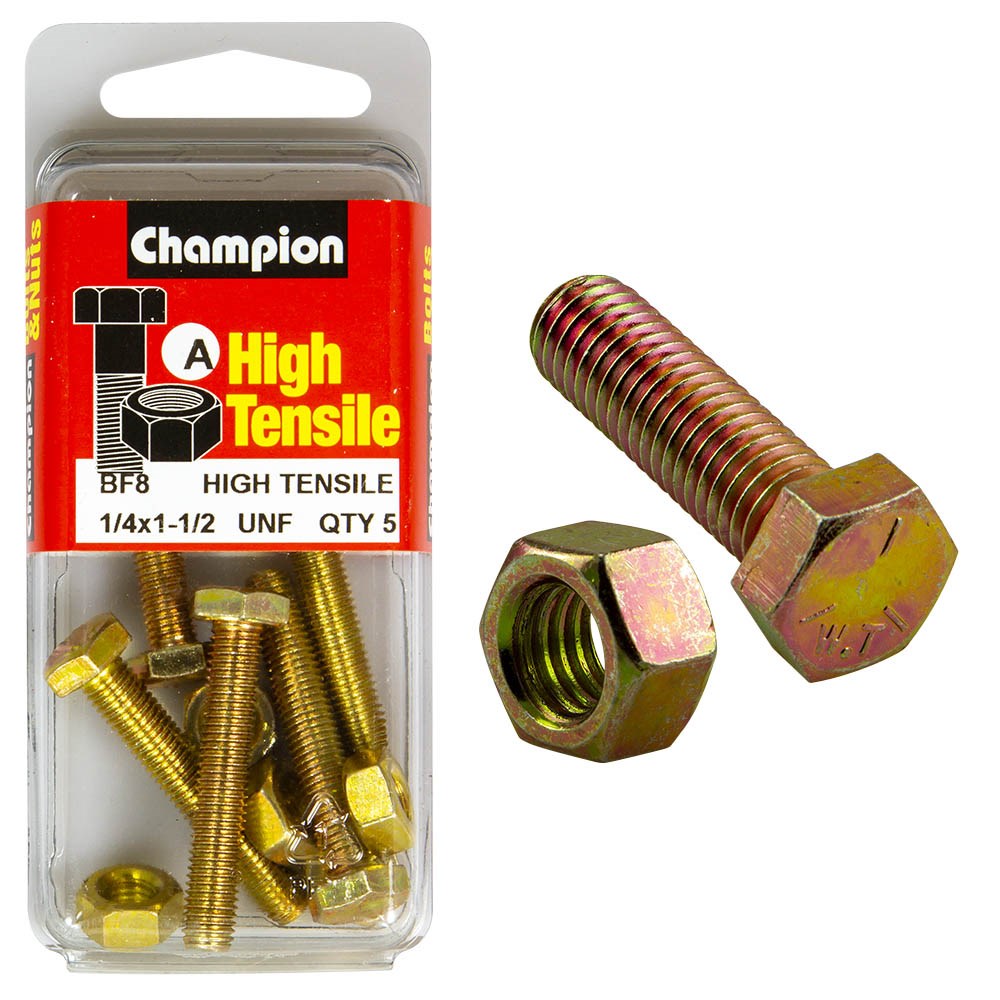 Champion Pack of 5 1/4" x 1-1/2" UNF High Tensile Grade 5, Zinc Plated Hex Set Screws and Nuts - BF8