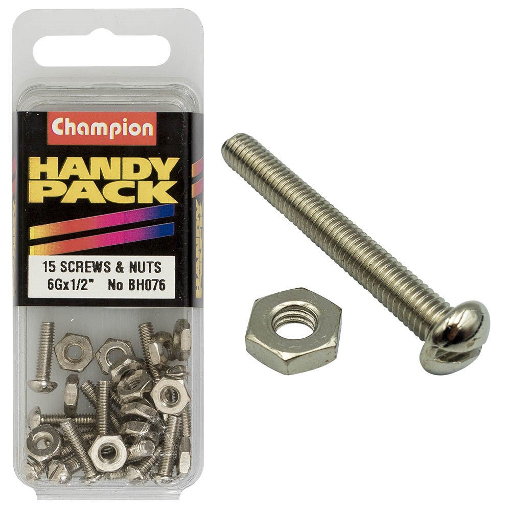 Champion Pack of 30 6/40" x 1/2" Nickel Plated, Slotted Pan Head Machine Screws and Nuts - BH076