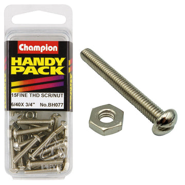 Champion Pack of 15 6/40" x 3/4" Nickel Plated, Slotted Pan Head Machine Screws and Nuts - BH077