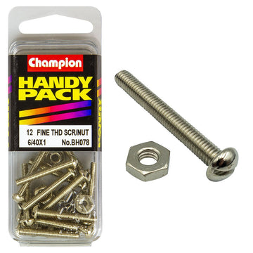 Champion Pack of 12  6/40" x 1" Nickel Plated, Slotted Pan Head Machine Screws and Nuts - BH078