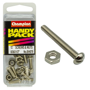 Champion Pack of 12 8/36" x 1/2" Nickel Plated, Slotted Pan Head Machine Screws and Nuts - BH079