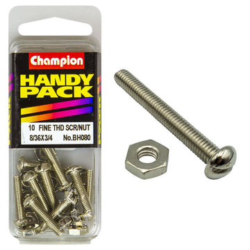 Champion Pack of 10 8/36" x 3/4" Nickel Plated, Slotted Pan Head Machine Screws and Nuts - BH080