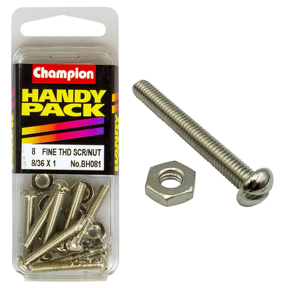 Champion Pack of 4 8/36" x 1" Nickel Plated, Slotted Pan Head Machine Screws and Nuts - BH081