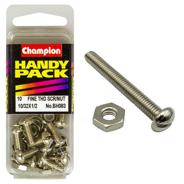 Champion Pack of 10 10/32" x 1/2" Nickel Plated, Slotted Pan Head Machine Screws and Nuts - BH083