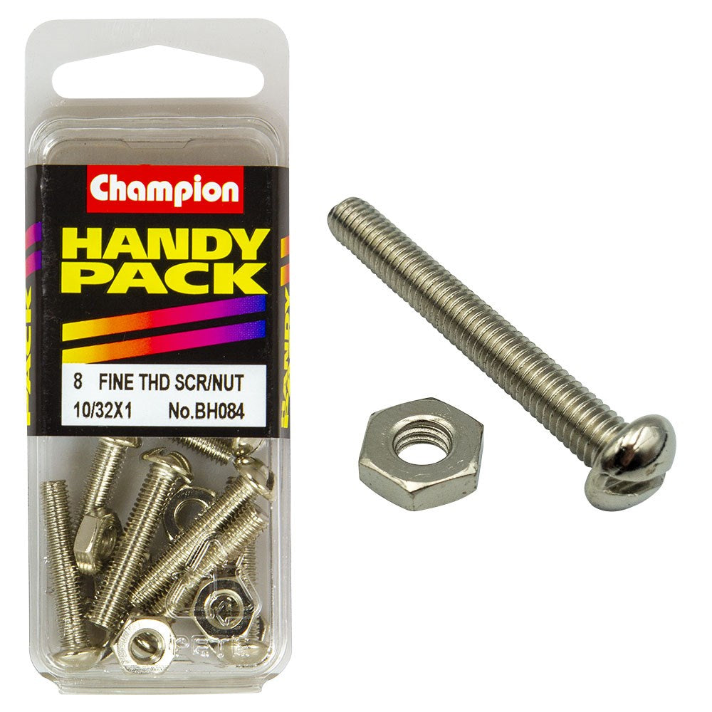 Champion Pack of 4 10/32" x 1" Nickel Plated, Slotted Pan Head Machine Screws and Nuts - BH084