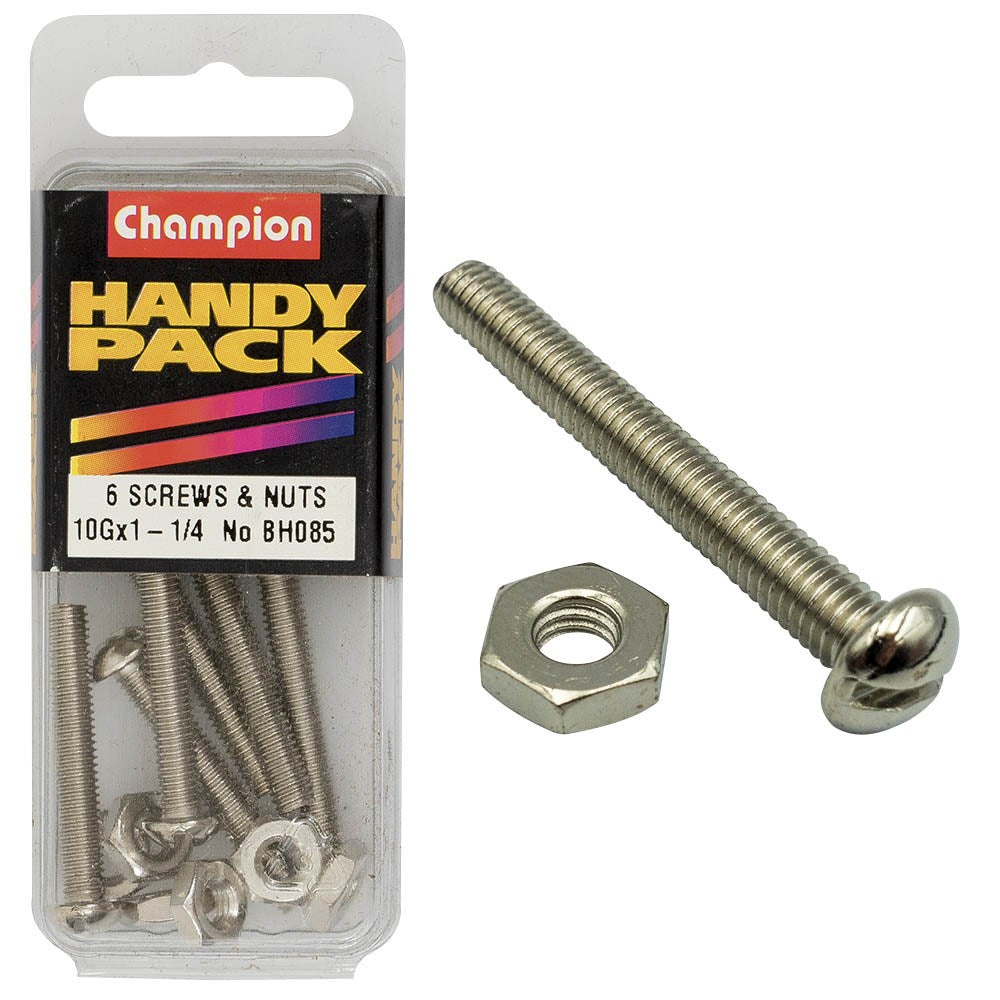 Champion Pack of 6 10/32" x 1-1/4" Nickel Plated, Slotted Pan Head Machine Screws and Nuts - BH085
