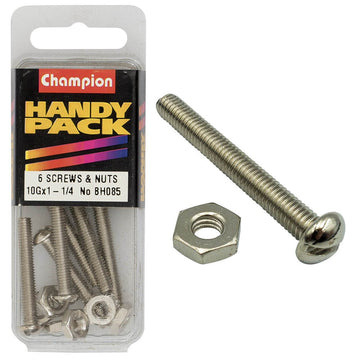 Champion Pack of 6 10/32" x 1-1/4" Nickel Plated, Slotted Pan Head Machine Screws and Nuts - BH085