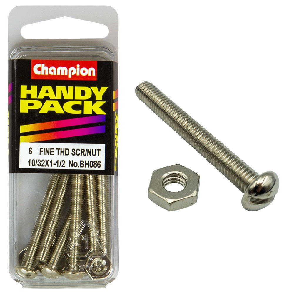 Champion Pack of 6 10/32" x 1-1/2" Nickel Plated, Slotted Pan Head Machine Screws and Nuts - BH086