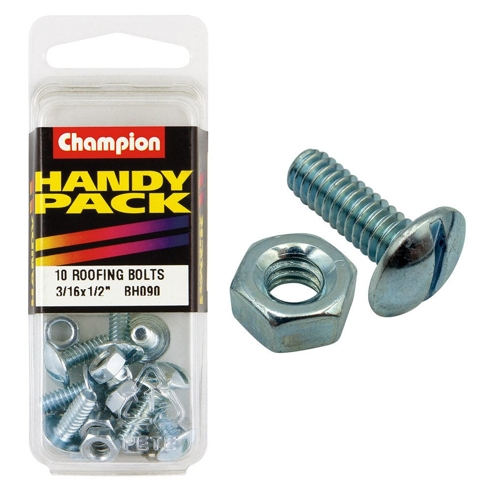 Champion Pack of 10 3/16" x 1/2" UNC Zinc Plated, Slotted Mushroom Head Roofing Bolts and Nuts - BH090